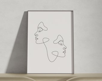 One Line Two Faces Digital Art Print, Continuous Line Illustration, Minimal Wall Art, Modern Printable Art, Digital Download