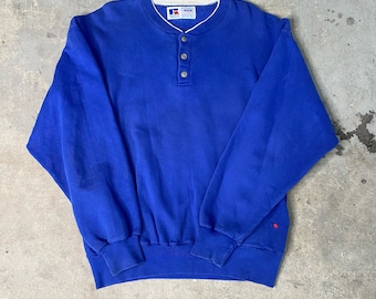 Vintage 1990s Made In USA Russell Sweatshirt / Streetwear / Cozy / Made In USA / Henley / Crewneck / Blue Sweatshirt / Carhartt / Nascar