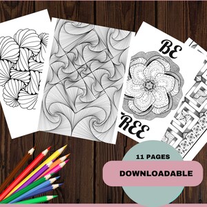May include: Several black and white coloring pages with detailed patterns, including floral and abstract designs. A set of coloured pencils is also visible, along with the text "11 pages" and "Downloadable".