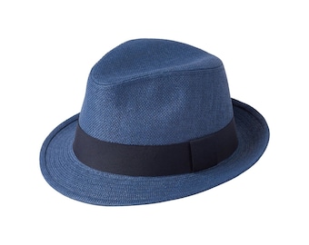 Panama Trilby Hat In Toyo Straw - Navy Blue Fedora Type Hats