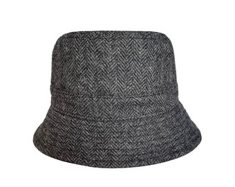 Bucket Hat In Black & Grey Herringbone - 100% Wool Reversible Bush Hats