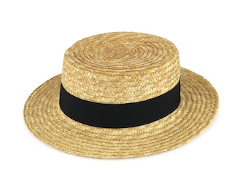 Mens or Womens Straw Boater Hat Sun Hats Sailor Skimmer Cap Punting Hat with Black Ribbon Band