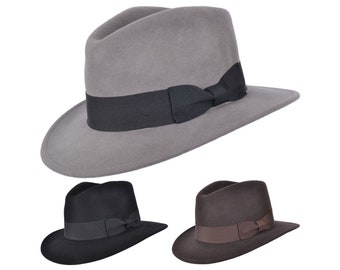 Handmade Fedora Hat Mens or Womens 100% Wool - Trilby Panama Hats Retro Style Grey, Brown, Black