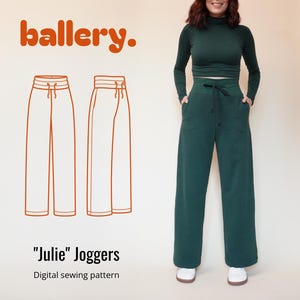 May include: A digital sewing pattern for "Julie" joggers. The pattern is illustrated with a line drawing of the joggers. The image also shows a person wearing a green top and green joggers.