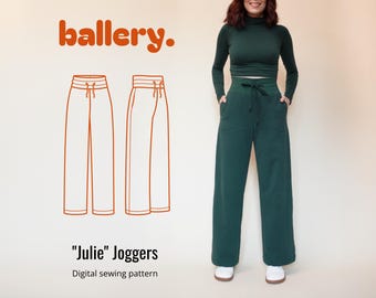 May include: A digital sewing pattern for "Julie" joggers. The pattern is illustrated with a line drawing of the joggers. The image also shows a person wearing a green top and green joggers.