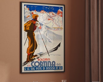 Cortina Dolomiti, Italy Vintage Ski Poster - Ski Artwork, Ski Lovers, İtaly Vintage Ski Poster, Wall Decor, Travel Poster , Wall Decor