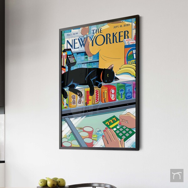 New Yorker Magazine Cover, September 18 2023, Bodega Cat Poster, Retro Black Cat Poster, Retro Market Poster Print, Colourful Trendy Art