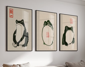 Japanese Matsumoto Hoji Frog Wall Art Set of 3 Canvas Art Print / Japandi Wall Art, Japanese Frog Prints Wall Art, Frog Japanese gifts