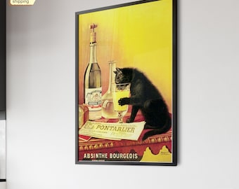 Black Cat Drinking Absinthe Vintage French Advert, Art Nouveau, Vintage Poster, Vintage Wall Art, Retro Wall Art, Wall Decor, Gift İdea