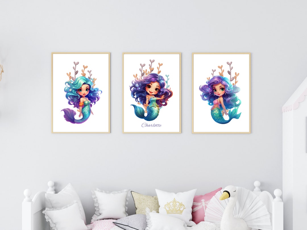 Personalised, Framed Mermaid Pictures, Set of 3 Purple and Green ...