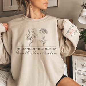 Personalized Sisters Sweatshirt With Names On Sleeve, Personalized Birth Month Sweatshirt, GIfts For Sister, Sister Sweater, Sister Gift