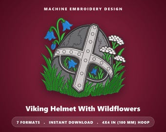 Viking Helmet Embroidery Design, Floral Norse Warrior Patch, Wildflower Machine Embroidery File, 4x4 Hoop, Instant Download PES DST
