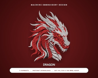 Borduurpatroon van een rode draak, borduurpatroon van een drakenkop voor de borduurmachine, woeste draak (5x7 inch borduurring), fantasievol mythisch beestontwerp