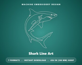 Haai lijntekening borduurpatroon – 4x4 borduurring, minimalistisch (direct te downloaden)