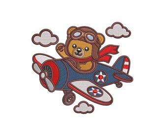 Vlieger teddybeer machine borduurwerk ontwerpen | Vliegtuigpatch met pilootbeer voor babycadeaus en rompertjes | 4 x 4 directe download PES DS