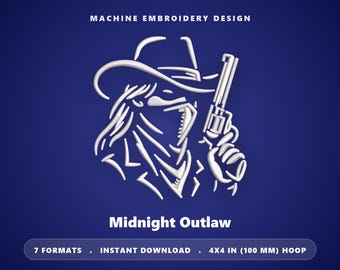 Borduurpatroon van een cowboy/outlaw – Lijntekening in één kleur (4x4 borduurring) (Direct te downloaden)