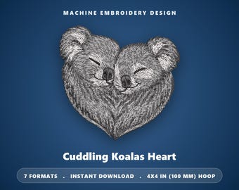寄り添うコアラのハート刺繍デザイン – 97×91.9 mm – かわいいコアラのカップル、バレンタインギフト – dst pes jef exp hus vp3 xxx – 即時ダウンロード