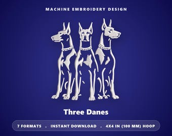 Borduurpatroon met drie Deense doggen – 4x4 borduurring – lijntekening in één kleur – direct te downloaden – dst, pes, sew, hus, jef, xxx, vp3
