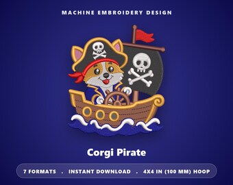 Piraten Corgi Borduurpatroon, Corgi Piratenschip Borduurmachine Bestand, Hond Piraat 4x4 Borduurring, Doodskop met Gekruiste Botten Nautisch Ontwerp