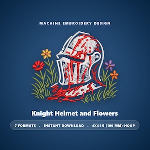 Può includere: Un disegno per ricamo a macchina raffigurante un elmo da cavaliere bianco coperto di schizzi rossi, circondato da erba verde e fiori colorati. Il testo recita MACHINE EMBROIDERY DESIGN, Knight Helmet and Flowers, 7 FORMATS, INSTANT DOWNLOAD, 4X4 IN (100 MM) HOOP.