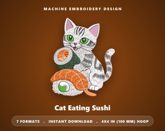 Motif de broderie Chat Sushi, Cuisine japonaise Kawaii (Cadre 4x4, Téléchargement numérique)