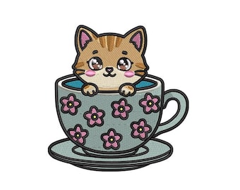 Kawaii Tabby Cat Flower Teacup Embroidery Design (4x4 Hoop) Digital File