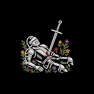 Diseño de bordado de caballero medieval: espada y flores, bastidor de 4 x 4 (descarga instantánea, PES, DST, etc.)