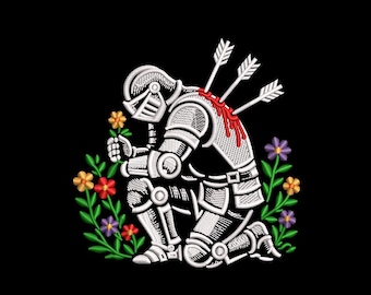Wounded Knight Floral Embroidery Design, Fantasy Warrior Medieval Art (Instant Download)