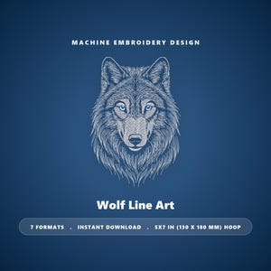 Può includere: Un disegno per ricamo a macchina con una testa di lupo in arte lineare bianca con occhi blu su sfondo blu scuro. Testo: MACHINE EMBROIDERY DESIGN, Wolf Line Art, 7 FORMATS, INSTANT DOWNLOAD, 5X7 IN (130 X 180 MM) HOOP.