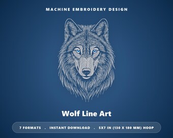 Majestueus wolf lijntekening borduurpatroon, minimalistisch dierenportret (digitaal bestand)