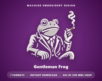 Motif de broderie Grenouille Gentleman – Grenouille élégante au cigare (Téléchargement instantané)