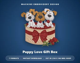 Borduurpatroon 'Puppy Love', drie honden in een geschenkdoos met bloemenprint (borduurring 5x7 inch)