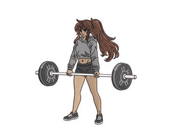 Anime Girl Deadlift Embroidery Design | Gym Fitness Machine File | DST PES | Workout Apparel Gym Bag Gift