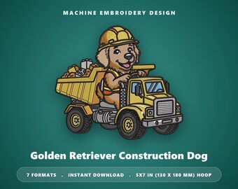 Borduurpatroon van een Golden Retriever bouwhond - Borduurpatroon van een kiepwagenbouwer - Bouwhondpatroon voor de borduurmachine - Kinderborduurhondje