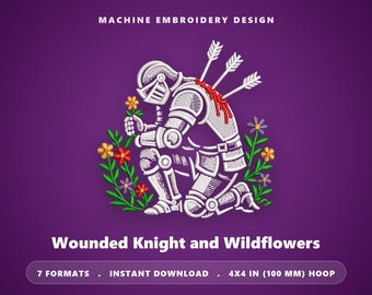 Gewonde ridder bloemenborduurontwerp, fantasie krijger middeleeuwse kunst (direct te downloaden)