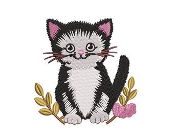 Kitten Embroidery Design, Floral Cat Machine File (4x4 Hoop)