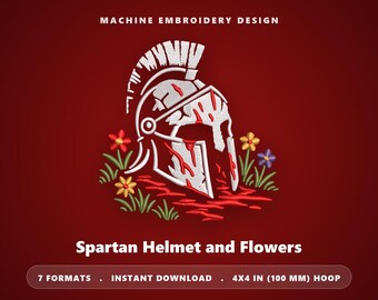 Borduurpatroon van een Spartaanse helm met bloemenmotief: Griekse krijger, machinepatroon (4x4 borduurring) (direct te downloaden)