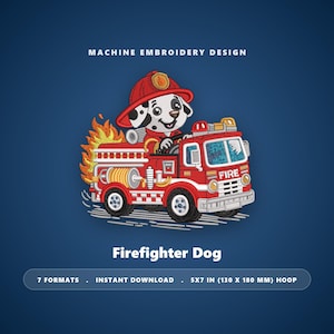Könnte beinhalten: Ein Maschinenstickmuster mit einem Dalmatiner, der einen roten Feuerwehrhelm trägt und ein rotes Feuerwehrauto mit gelben Flammen fährt. Der Text lautet MACHINE EMBROIDERY DESIGN, Firefighter Dog, 7 FORMATS, INSTANT DOWNLOAD, 5X7 IN (130 X 180 MM) HOOP.