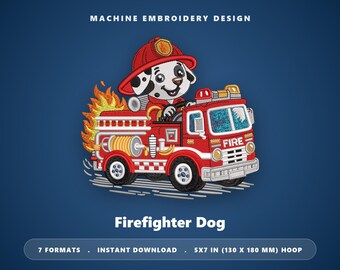 Borduurpatroon brandweerhond | Cartoon puppy brandweerwagen (machineborduurbestand)