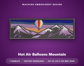 Borduurpatroon met heteluchtballonnen en bergen – 5x7 inch borduurring – Landschapspatch – Zonsondergang – Direct te downloaden