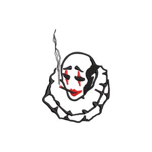 May include: Embroidered design of a sad clown smoking a cigarette. The clown has a white face with black outlines, red teardrops, and red lips. The clown is wearing a black and white ruffled collar. Smoke rises from the cigarette.