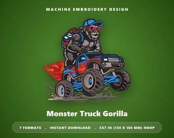 Borduurpatroon van een gorilla-monstertruck, Racing Ape digitaal bestand (5x7 borduurring)