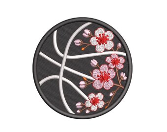 Basketball Cherry Blossom Embroidery Design, Floral Sports Ball (4x4 Hoop)