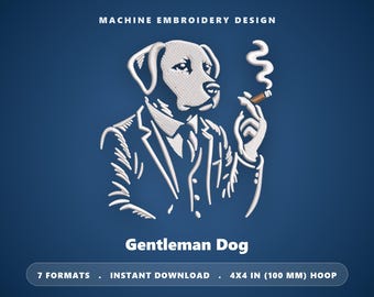 Borduurpatroon voor een stijlvolle hond met sigaar (borduurring 4x4 inch) (digitaal bestand)