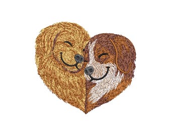 寄り添う犬のハート刺繍デザイン、子犬の愛（4x4）（即時ダウンロード）