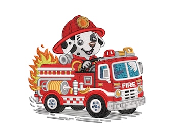 Firefighter Dog Embroidery Design | Cartoon Puppy Firetruck (Machine Embroidery File)
