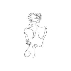 May include: A minimalist black line drawing of a person from the back, with their hair up in a bun. The figure's arm is wrapped around their torso. The artwork is simple and elegant, with a focus on the lines and form.