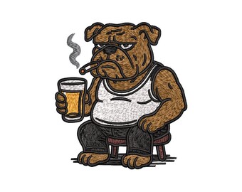 ビールと葉巻を持ったブルドッグの刺繍デザイン 4x4フープ 面白い犬の機械刺繍ファイル DST PES JEF VP3