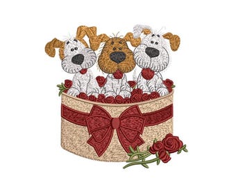 Puppy Love Embroidery Design, Three Dogs in Floral Gift Box (5x7 Hoop)