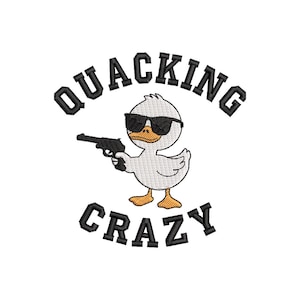 Zabawna kaczka z pistoletem, wzór do haftu maszynowego, 4x4 i 5x7, plik z tekstem "Kwacząca szalona kaczka"